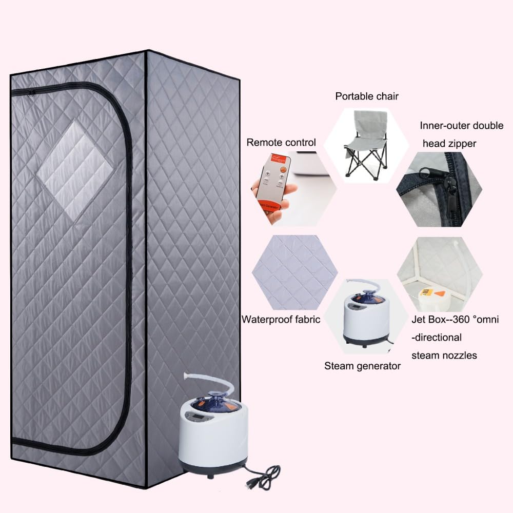 Full Size Portable Grey Steam Sauna Tent – Personal Home Spa with Fast Heating Steam Generator, Remote Control, Foldable Chair & Timer, Easy to Install PVC Frame, FCC Certification