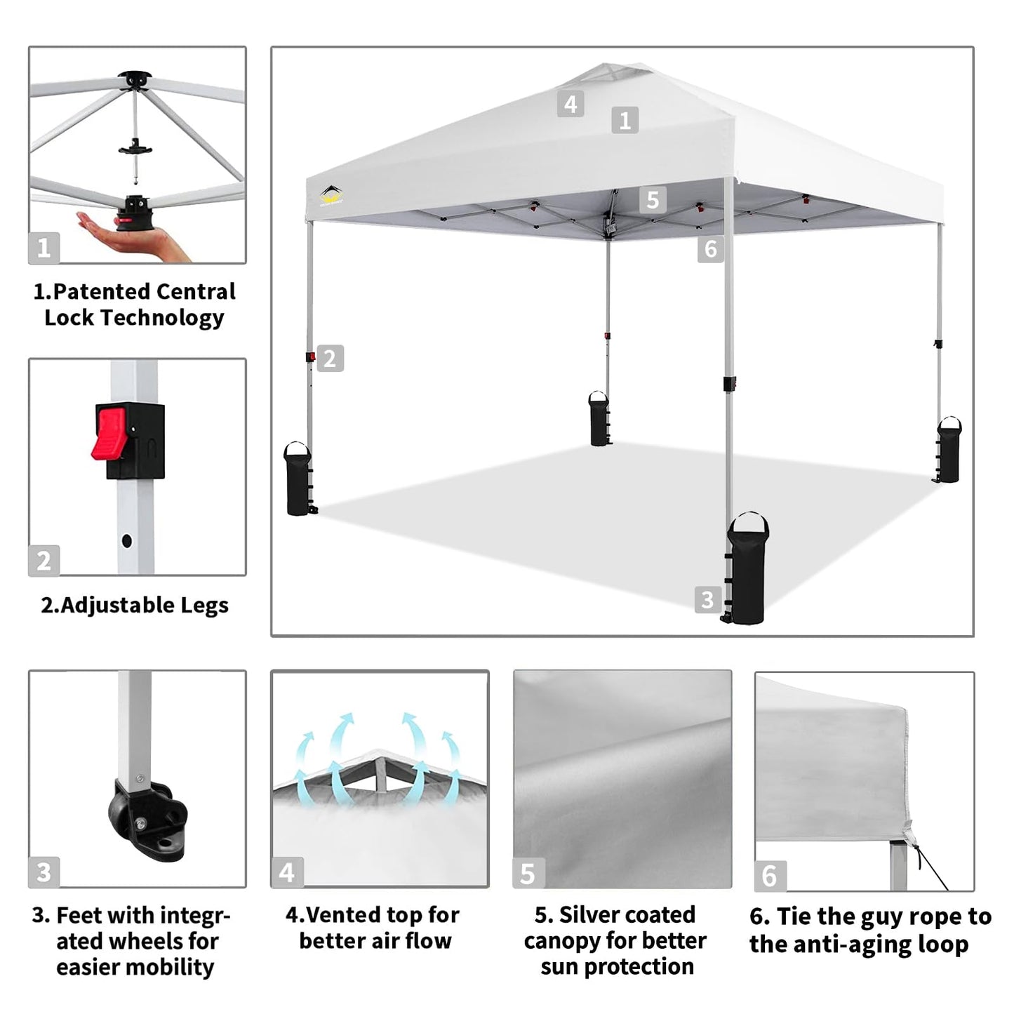 CROWN SHADES 10x10 Pop Up Canopy - Beach Tent with One Push Setup - Easy Outdoor Sun Shade for Events, Parties, Camping - Gazebo with STO-N-Go Cover Bag, Silver Coated Top, Grid White