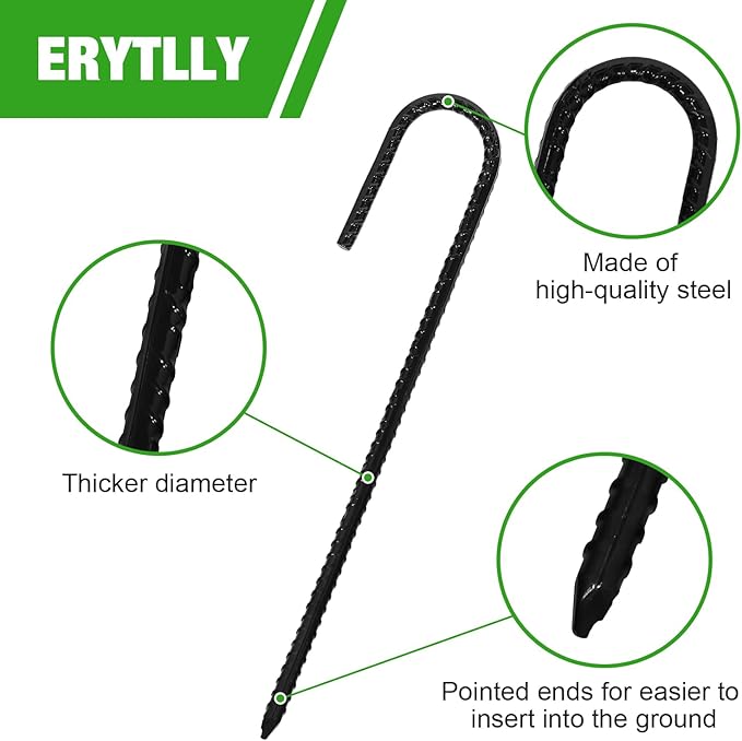 ERYTLLY 12In Rebar Stakes J Hook Heavy Duty Galvanized Metal Stakes for Ground Barrel Soil Tent Swing Set Anchors Fence Stakes Curved Steel Plant Support Garden Stakes with Hooks（12in 8pk）