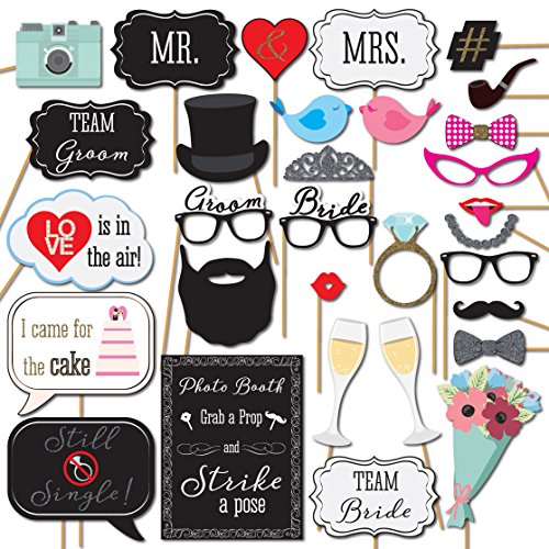 Wedding Photo Booth Props with 8 x 10-Inch Sign, 45 Adhesive Pads, 35 Wooden Sticks - Signs for Wedding Backdrop and Selfi...