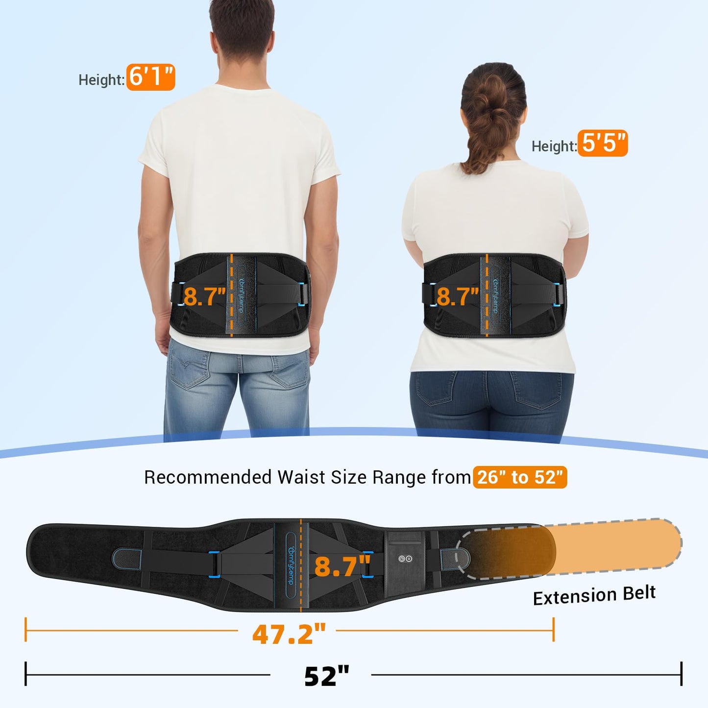 Comfytemp Cordless Heating Pad with Back Brace for Lower Back Pain Relief, Portable Wireless Heated Waist Belt Rechargeable Lumbar Support, 3 Heat 3 Timer, Birthday Gift for Men Women, 52"(No Massage)