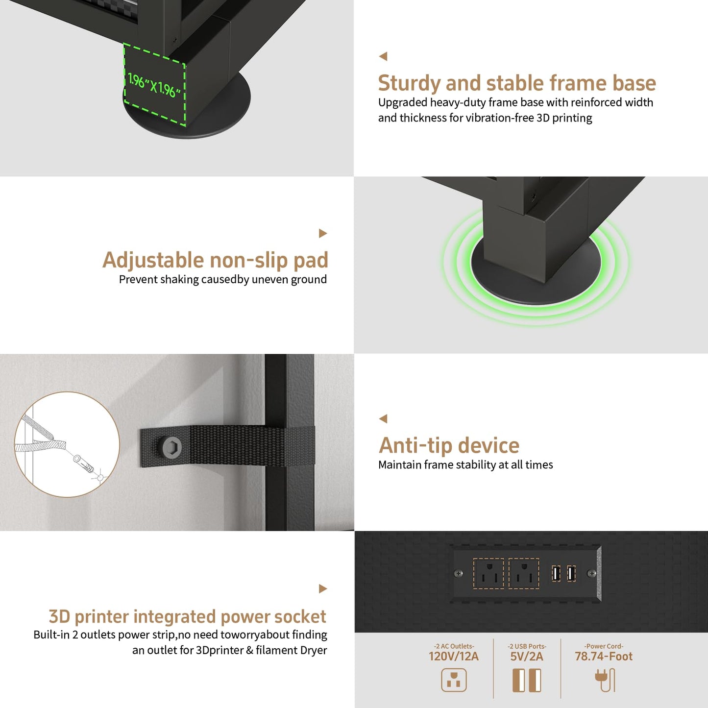 MILEFA 3DPrinter Stand with Filament Storage,3D Printer Rack with Power Outlet,Heavy-Duty 3D Print Storage Shelf for ABS/PLA/TPU Filament Spools,Perfect for 3D Printing Workshops,Carbon Fiber Black