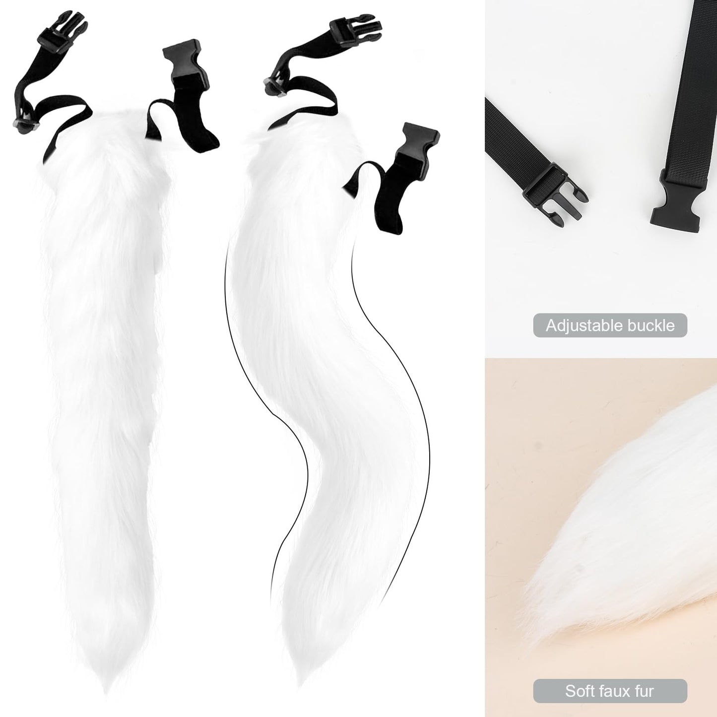 Jaciya Faux Furry Mask and Tail Set Halloween Costume Set for Women Fox Mask Wolf Tail Animal Party Costume-White