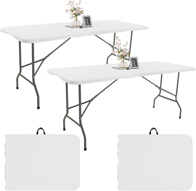 Fivenl 2 Pack 6 FT Folding Tables White Foldable Table, Fold-in-Half with Carrying Handle Portable Plastic Rectangular Tab...