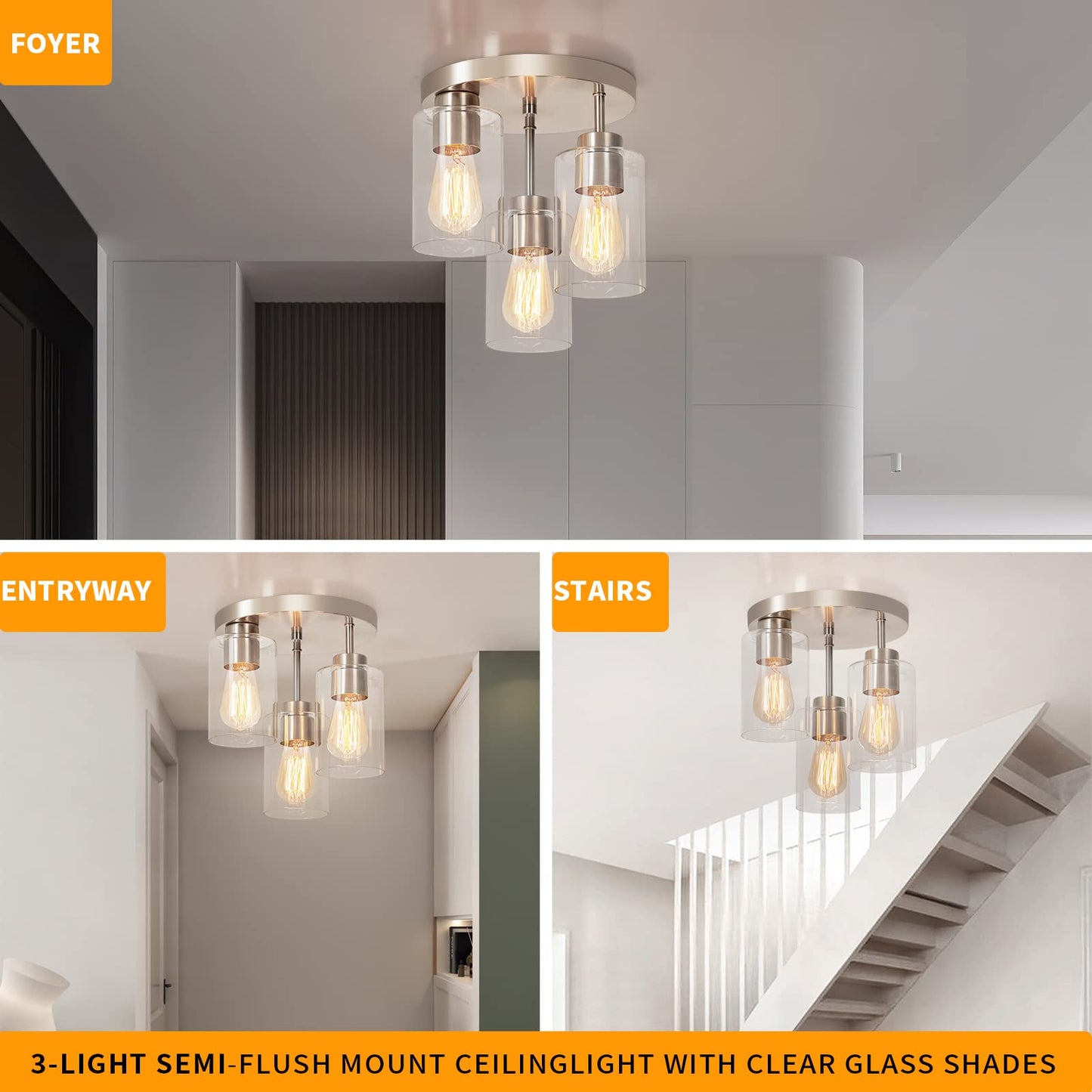 foucasal Semi Flush Mount Ceiling Light 3-Light Brushed Nickel Flush Mount Ceiling Light Fixtures with Clear Glass Shade, Modern Kitchen Ceiling Light for Bedroom Stairs Porch Hallway Entryway