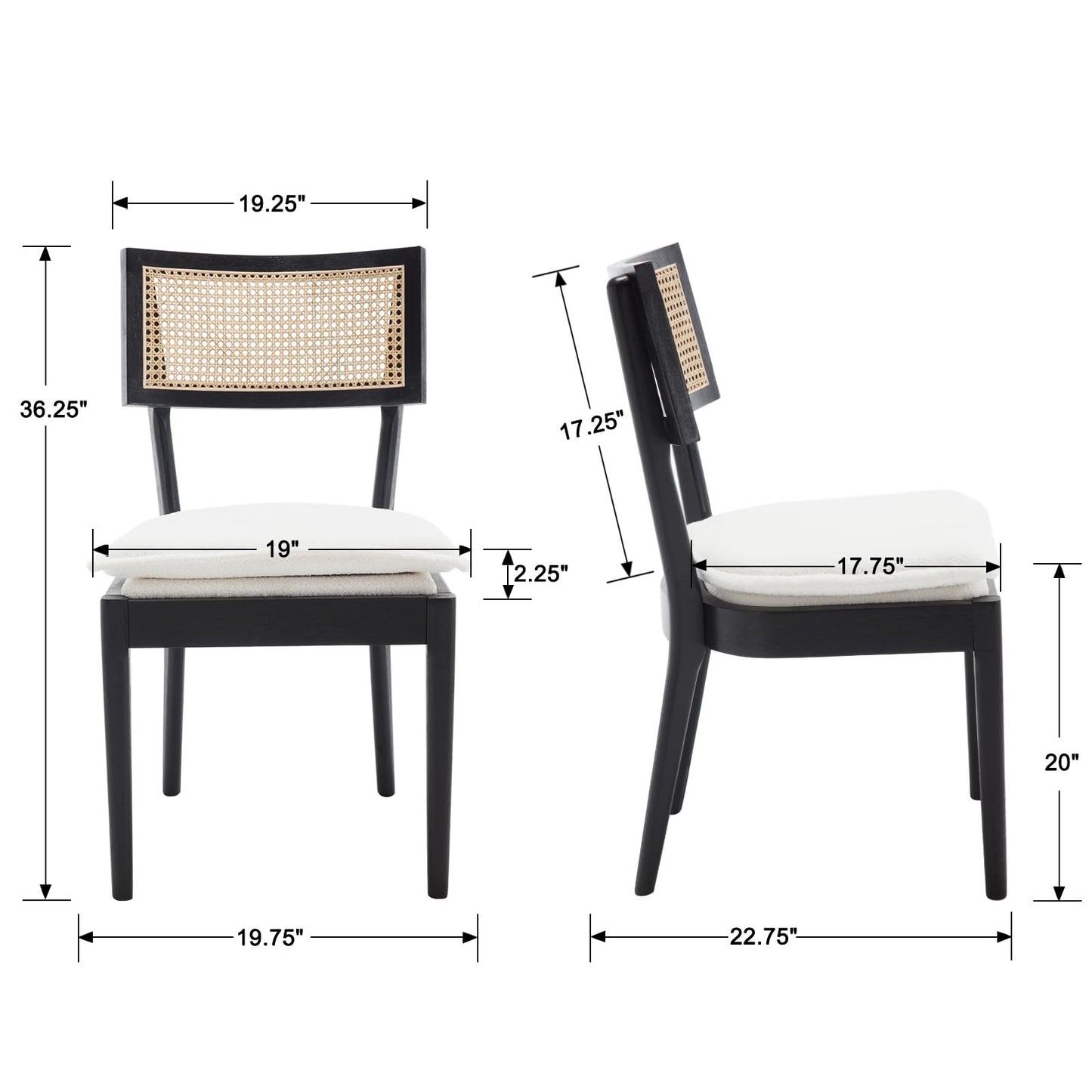 QUINJAY Rattan Farmhouse Dining Chairs Set of 4, French Country Sherpa Dining Chairs with Cane Back, Upholstered Boucle Dining Room Chairs Rustic Kitchen Chairs with Wood Frame for Living Room, Black