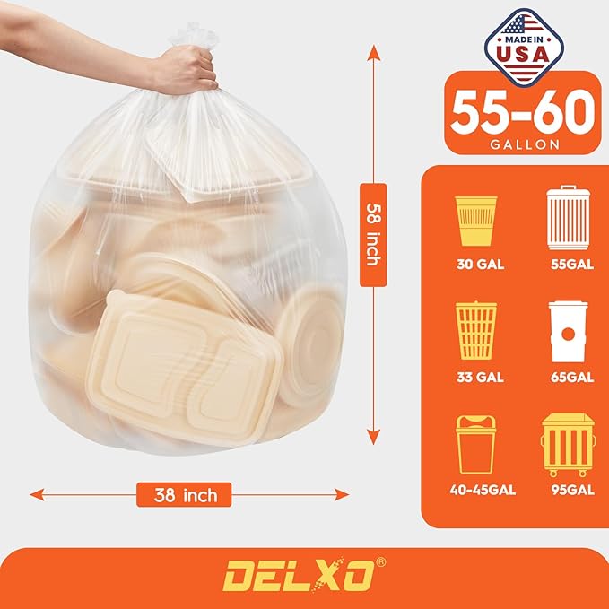 Delxo 55-60 Gallon Trash Bags, 100 Count – 0.9 Mil Medium Duty Garbage Bags, Durable & Puncture-Resistant Plastic Bolsas para basura, Perforated Design– Made in USA for Kitchen, Yard, Office (Clear)