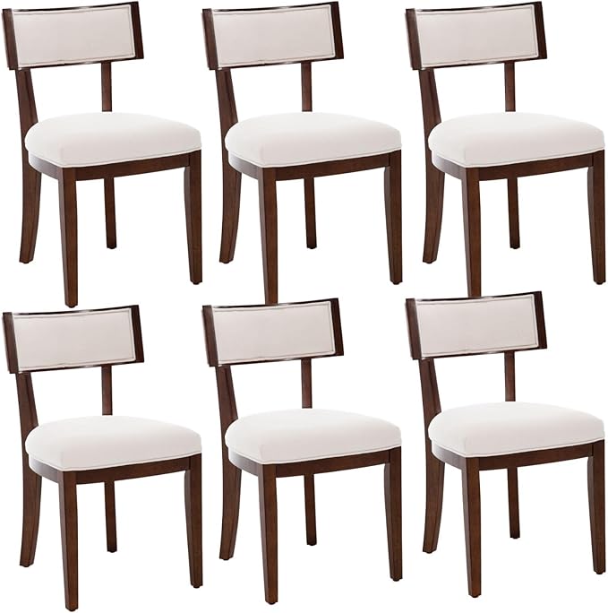 DM Furniture Dining Chairs Set of 6 Linen Fabric Upholstered Dining Room Chairs with Curved Backrest Mid Century Modern Farmhouse Kitchen Chair Solid Wood Side Chairs for Living Room/Restaurant