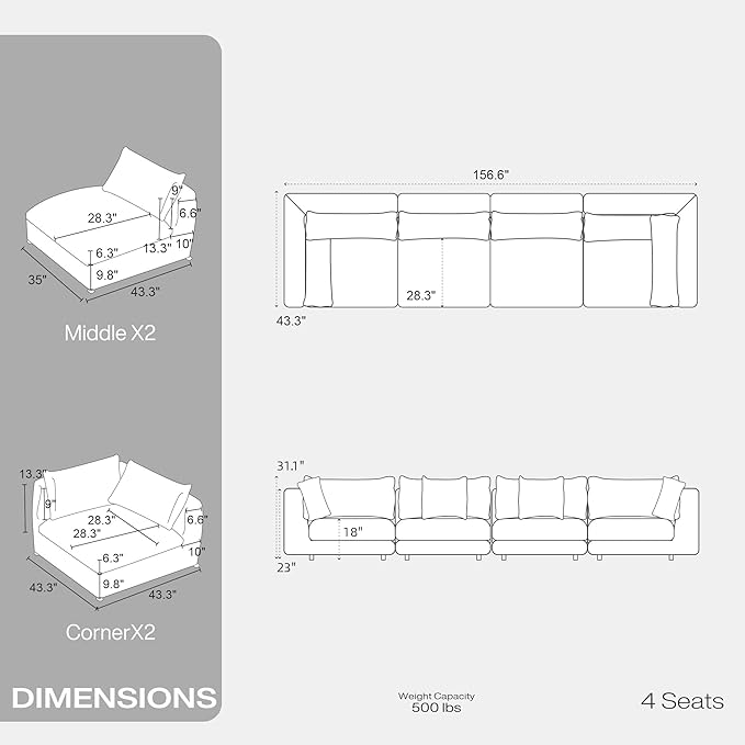 Fajiani Oversized Modular Sectional Sofa,Cloud Couch Deep Seat Sofa Cushion Covers Removable, Oversized Sectional Couches for Living Room (4 Seater-Cream White)