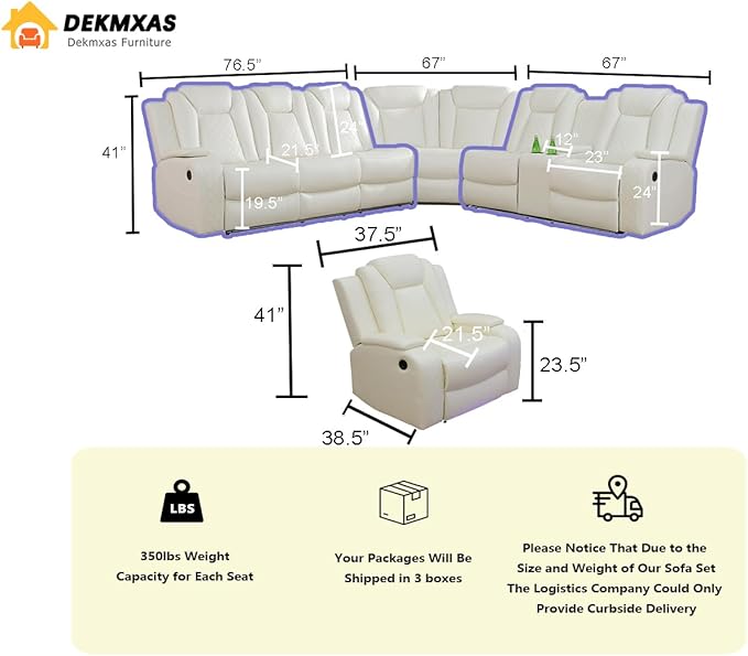 Dekmxas Creamy White Breathing Leather Power Reclining Sectional Sofa Set, Leather Recliner Sofa with LED Light, Living Room Furniture Sets with Storage Console/Cup Holder/USB Port for RV/Home Theater