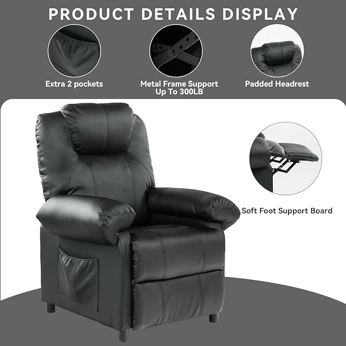 KCREAM Faux Leather Recliner Chair with Massage and Heat, Mid Century Overstuffed Manual Reclining Chair, Massaging Push Back Recliner Chair Single Sofa for Living Room, Black