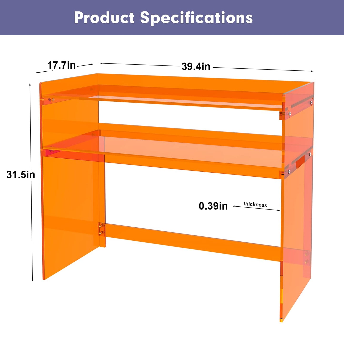 KSacry Acrylic Desk with Retaining Edge, Acrylic Console Table, Clear Art Desk for Office, Study, Bedroom, Entrance Decor (17.7" D x 39.4" W x 31.5" H, Orange)