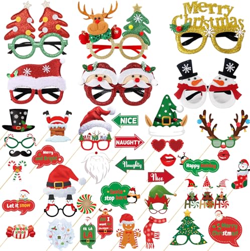 Christmas Party Decorations Decor, 36 Christmas Photo Booth Props+ 6 Christmas Glitter Glasses Frames, Party Favors Games ...