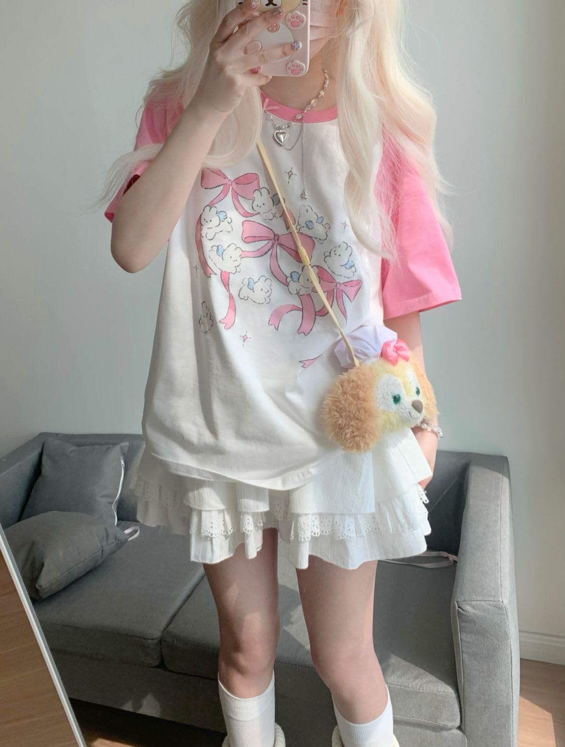 Kawaii Oversized T-Shirt Cute Pink Anime Shirt Japanese Harajuku Patchwork Tee Cartoon Print Loose Teen Girl Plus Size (Pink,Small,Small)