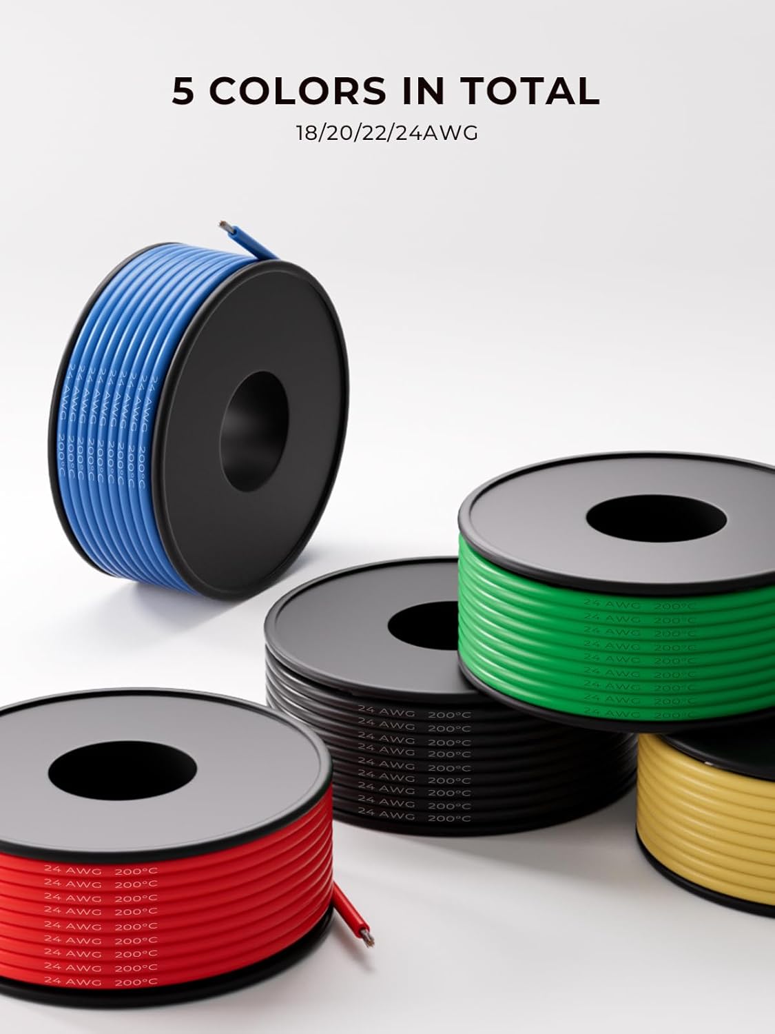 24 AWG Silicone Wire Kit 250FT, 24 Gauge Stranded Tinned Copper Wire Spool, 5 Colors 50FT Each,Flexible Electrical Wire for DIY, Automotive, LED, Arduino, Battery Projects