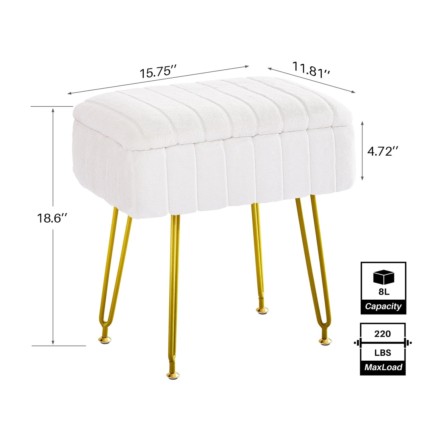 Redlife Vanity Stool with Storage, Vanity Stool Chair, Faux Fur Vanity Chair with Gold Metal Leg, Footrest Footstool Ottoman, Multifunctional Makeup Vanity Chair for Vanity Makeup Room Bedroom(White)