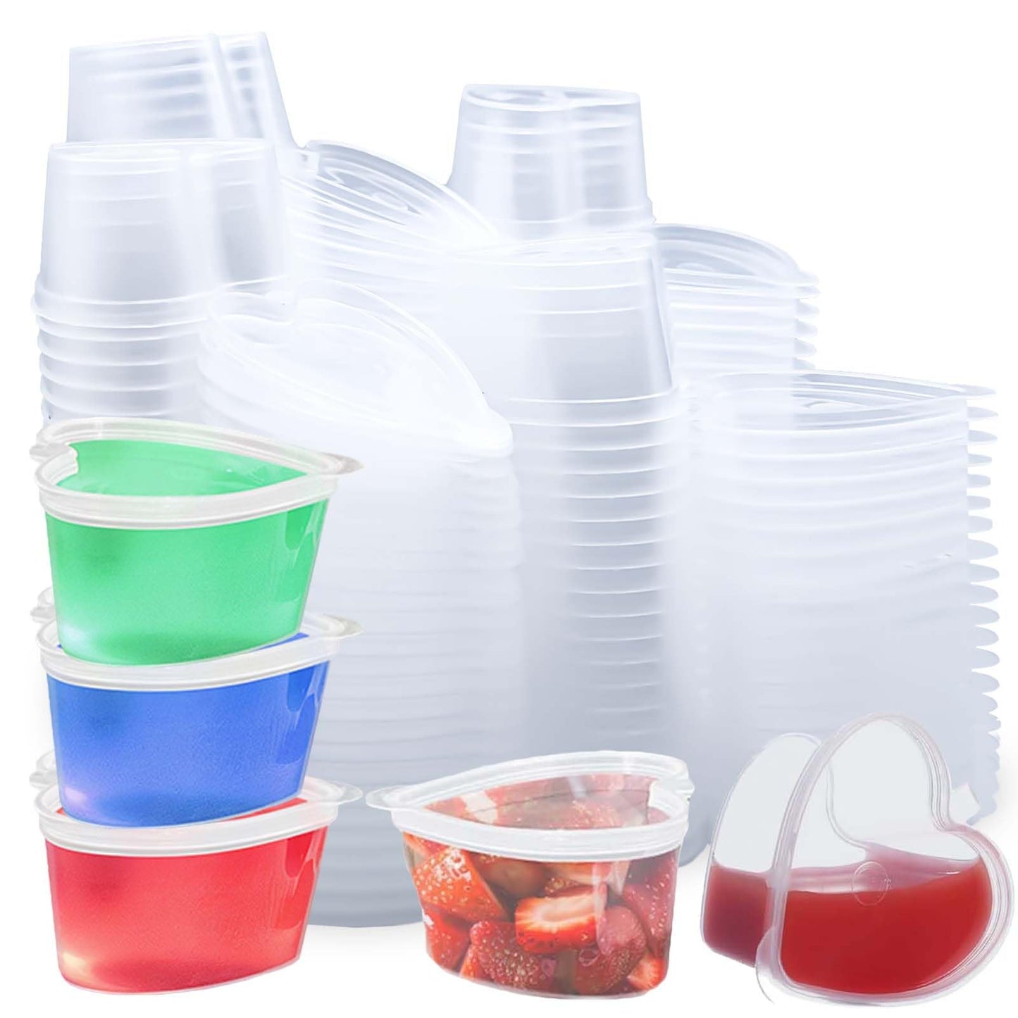 WXOIEOD 50 Sets 2/3 oz Heart Shaped Jello Shot Cups with Lids, Small Condiment Containers, Disposable Portion Cups, Plastic Souffle Cup, Mini Sample Tasting Cups, Dipping Sauce Cup To Go Bowls, Clear