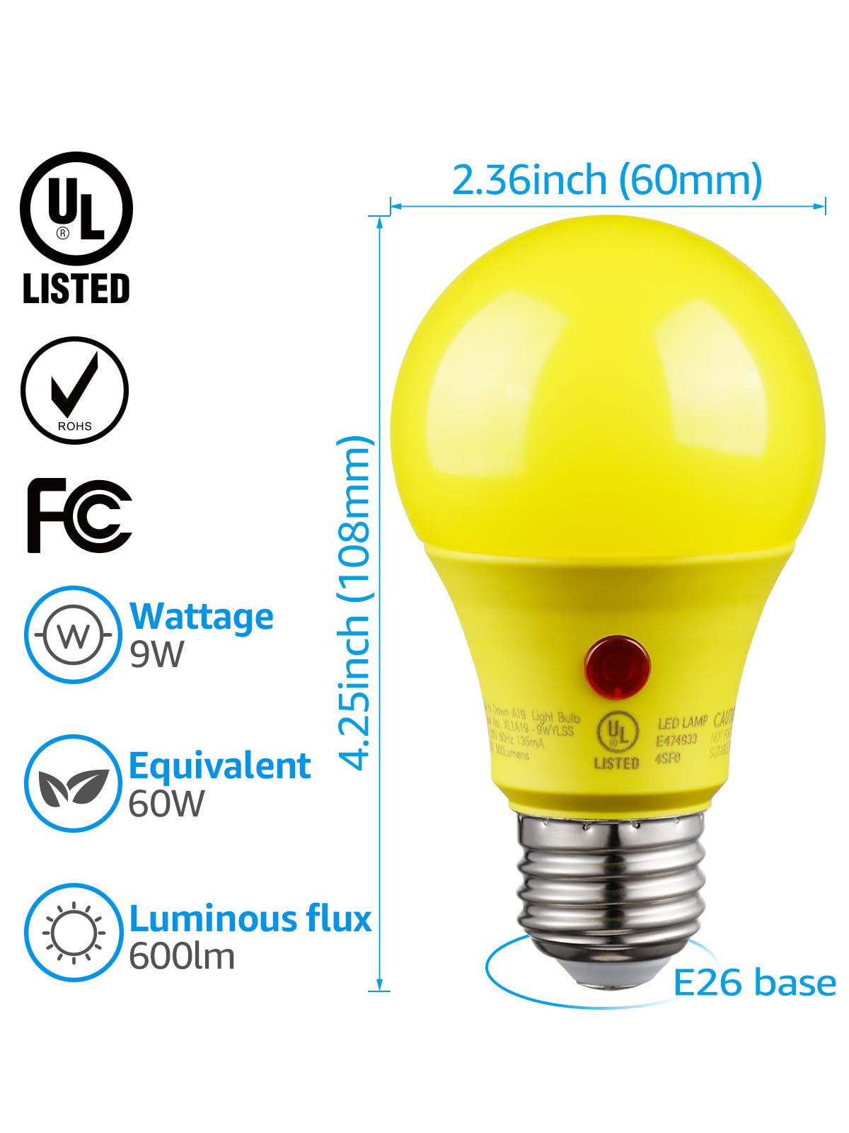 TORCHSTAR Yellow Dusk to Dawn Light Bulbs Outdoor, Sensor A19 LED Light Bulb, Auto On/Off Photocell Automatic for Outdoor Lighting, UL FCC DOE, 2700K, Pack of 4