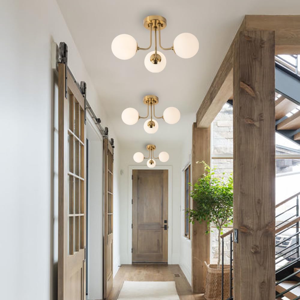 Hoengles Modern Semi Flush Mount Ceiling Light,Globe Milk Glass Shade Brushed Brass Finish Ceiling Light 3-Light with Ceramic Base,Sputnik Chandeliers for Bedroom Hallway Dining Room Lighting Fixture