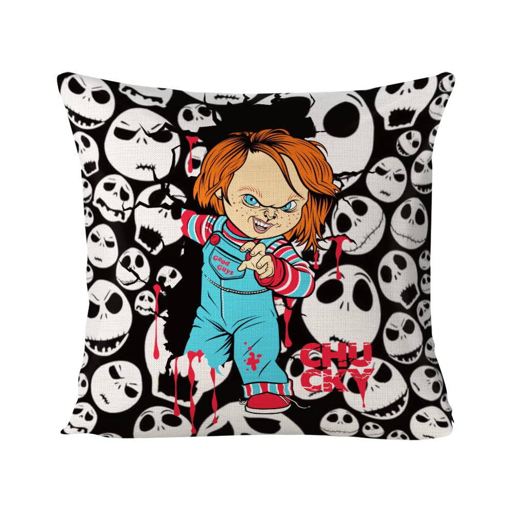 Chucky Pillow Cover Classic Horror Movie Halloween Pillow Cover Creepy Pillowcase Horror Halloween Decorations Skeleton Skull Throw Cushion Cover Cotton Linen Pillowcase 18 x 18 Inch, No Pillow Insert