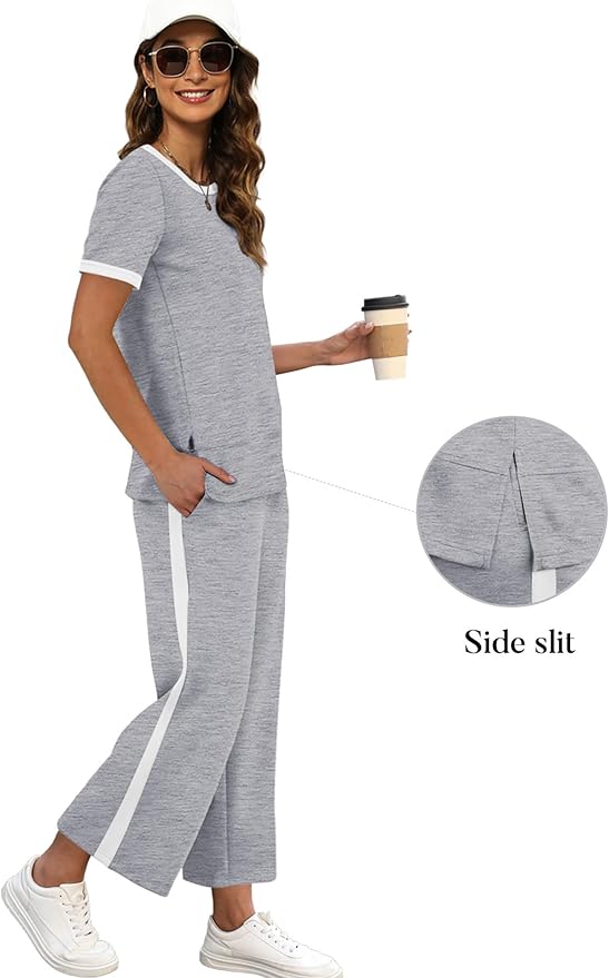 XIEERDUO Women's Side Slit Lounge Sets 2026 Fashion 2 Piece Travel Outfits Cozy Loungewear Wide Leg Tracksuits S-3XL
