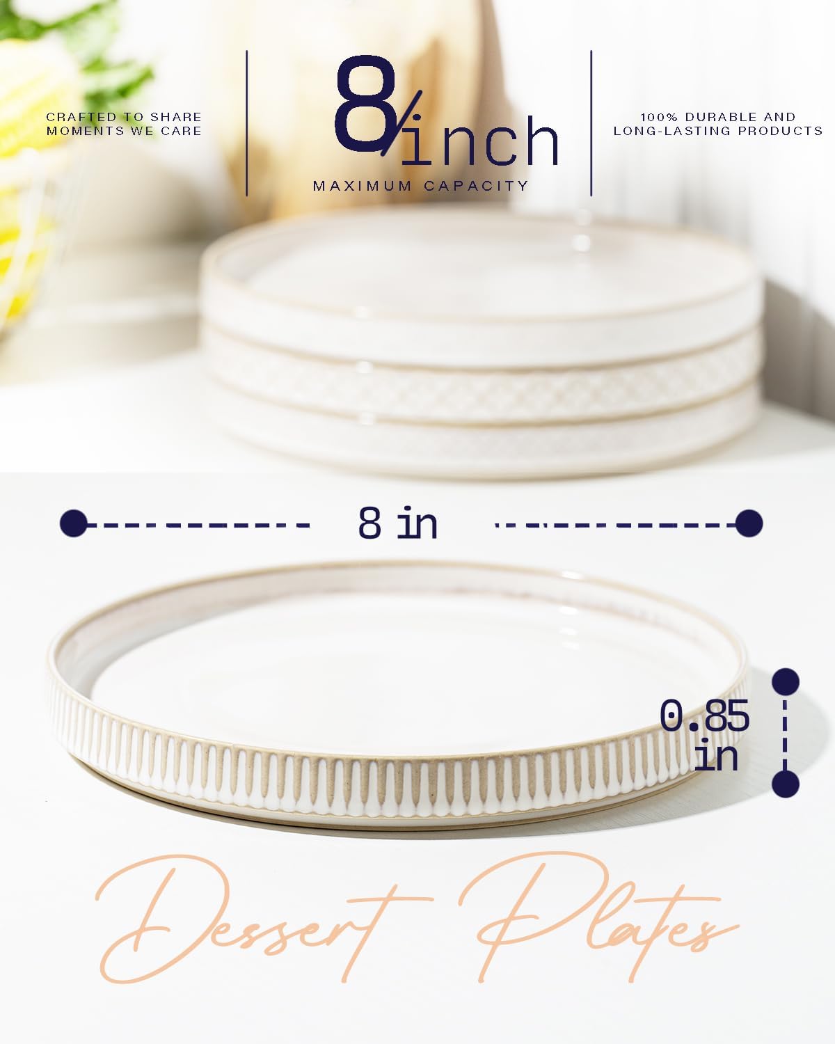 getstar 8” Ceramic Dinner Plates, Set of 4, Microwave & Dishwasher Safe, Salad Pasta Deep Plates with Embossments Set of 4