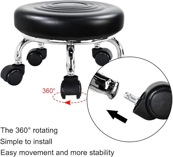 WKWKER Modern Roller Seat PU Leather Foot Stool Low Round Rolling Stool 360° Step Stool Swivel Small Seat with Universal Wheels for Home Office Garage Shop Fitness Sport H：8.4" （Black）