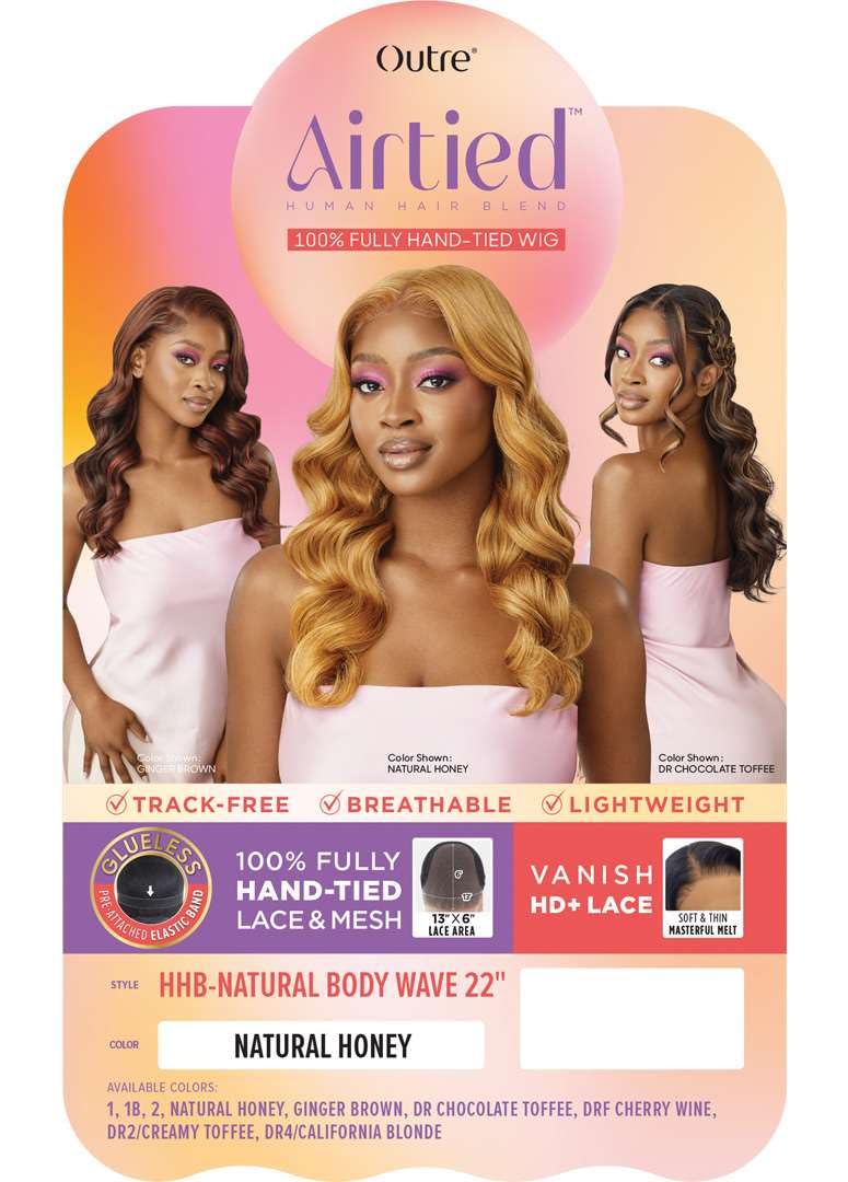 Outre Airtied 100% Fully Hand-Tied Wig - Human Hair Blend - Natural Body Wave 22 (DR2/CREAMY TOFFEE)