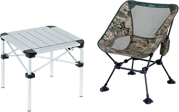 iClimb 1 Lightweight Stable Folding Square Table and 1 Ultralight Compact Anti-Sinking Large Feet Chair Bundle, for Adult ...