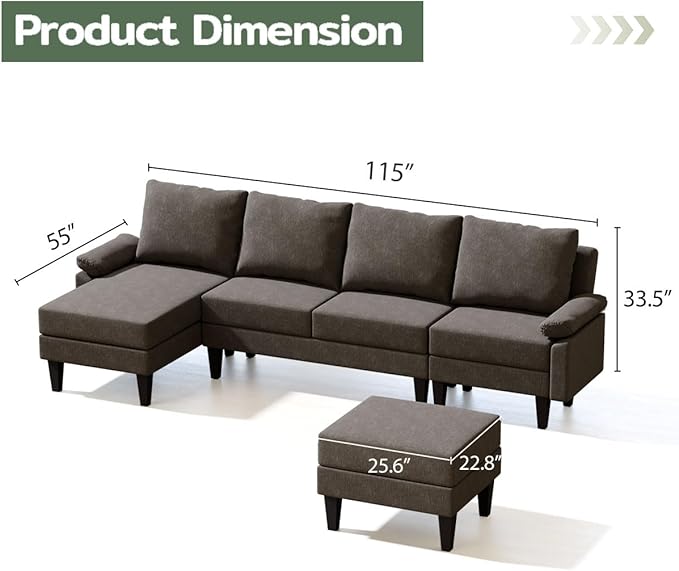 Topcomfy U-Shaped Sectional Couches for Living Room, Convertible 4 Seat Modular Sectional Sofa Set with Ottoman, Modern L Shaped Couch with Chaise for Bedroom Apartment and Office, Chenille Brown