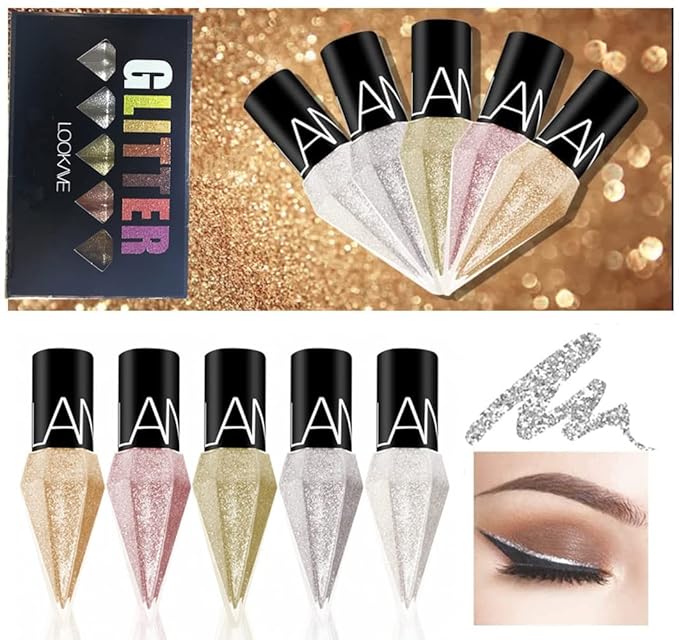 Go Ho Glitter Liquid Eyeliner Colorful Set,5 Colors Metallic Shimmer White Silver Gold Diamond Eye Liner,Glitter Eyeliner ...