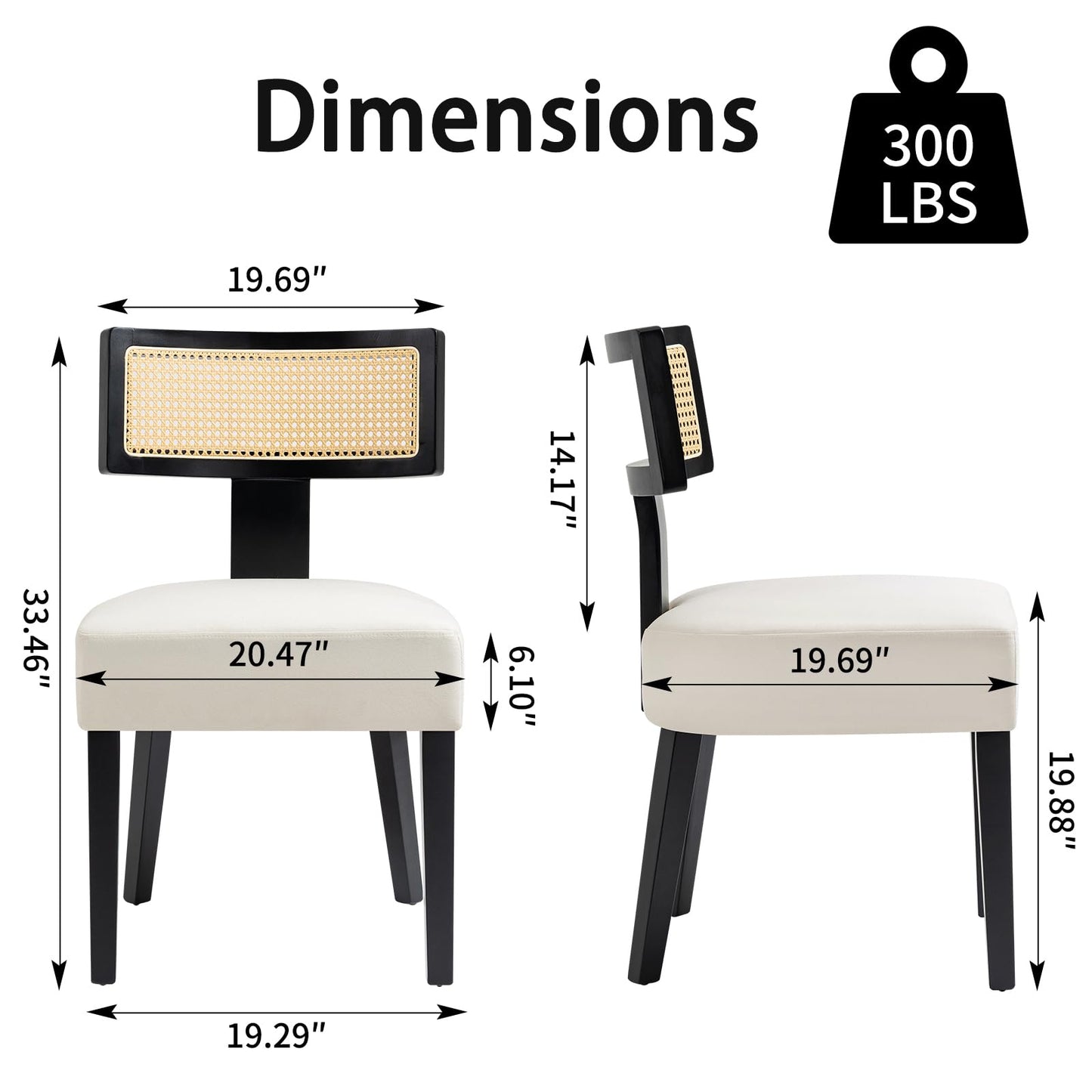 ZJhome Rattan Dining Chairs Set of 4, Mid-Century Modern Fabric Upholstered Dining Room Chairs with Black Hardwood Frame, Curved Backrest Kitchen Chair Armless Accent Chairs for Dining Room (Cream)