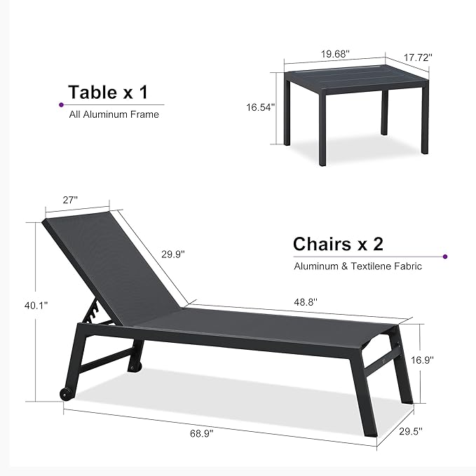 PURPLE LEAF Outdoor Chaise Lounge Set for 2 Oversized Pool Lounge Chairs with Easy-to-Move Wheels and Adjustable Backrest Extra Large Patio Loungers for Poolside Deck Beach Table Included, Dark Grey