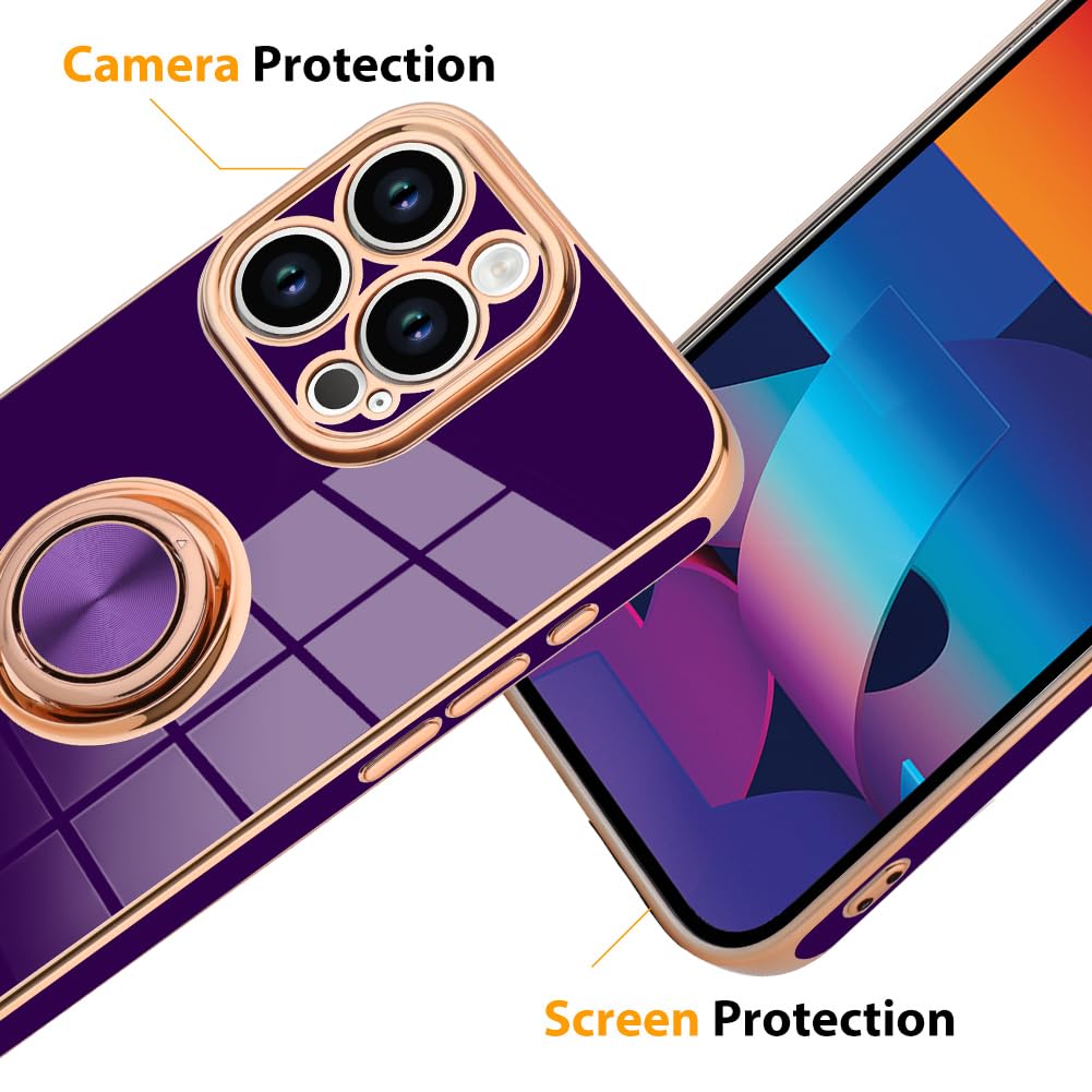 Kanghar Phone Case Compatible With Iphone 15 Pro For Women Girls, Plating Built-In 360 Rotation Magnetic Ring Kickstand Holder S