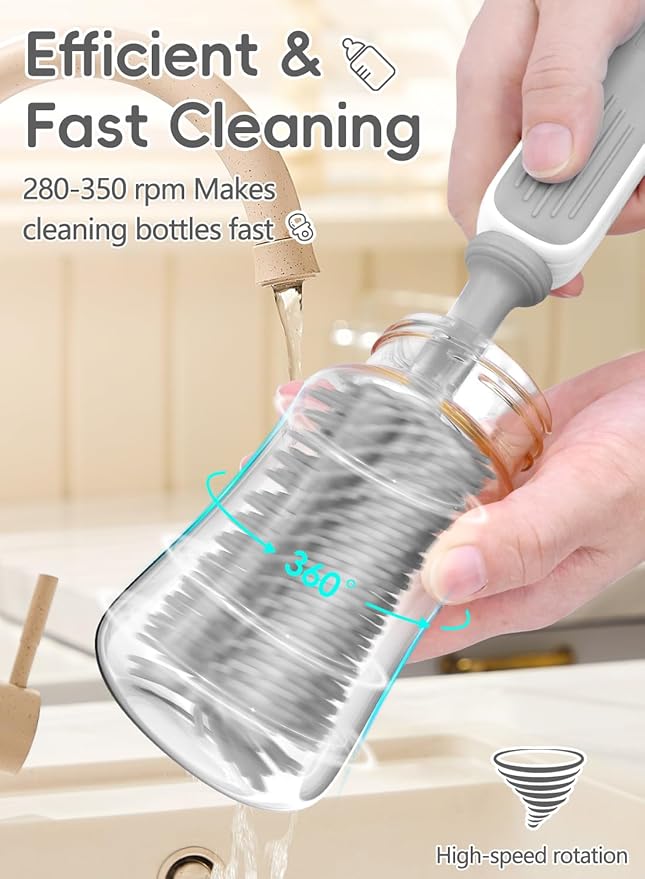 Electric Bottle Brush Cleaner, Baby Bottle Brush Travel Set, 360° Efficient Cleaning, 2000 mAh Battery, Travel Bottle Brush Set with Drainage Rack and Storage Box, Baby Travel Essential Grey