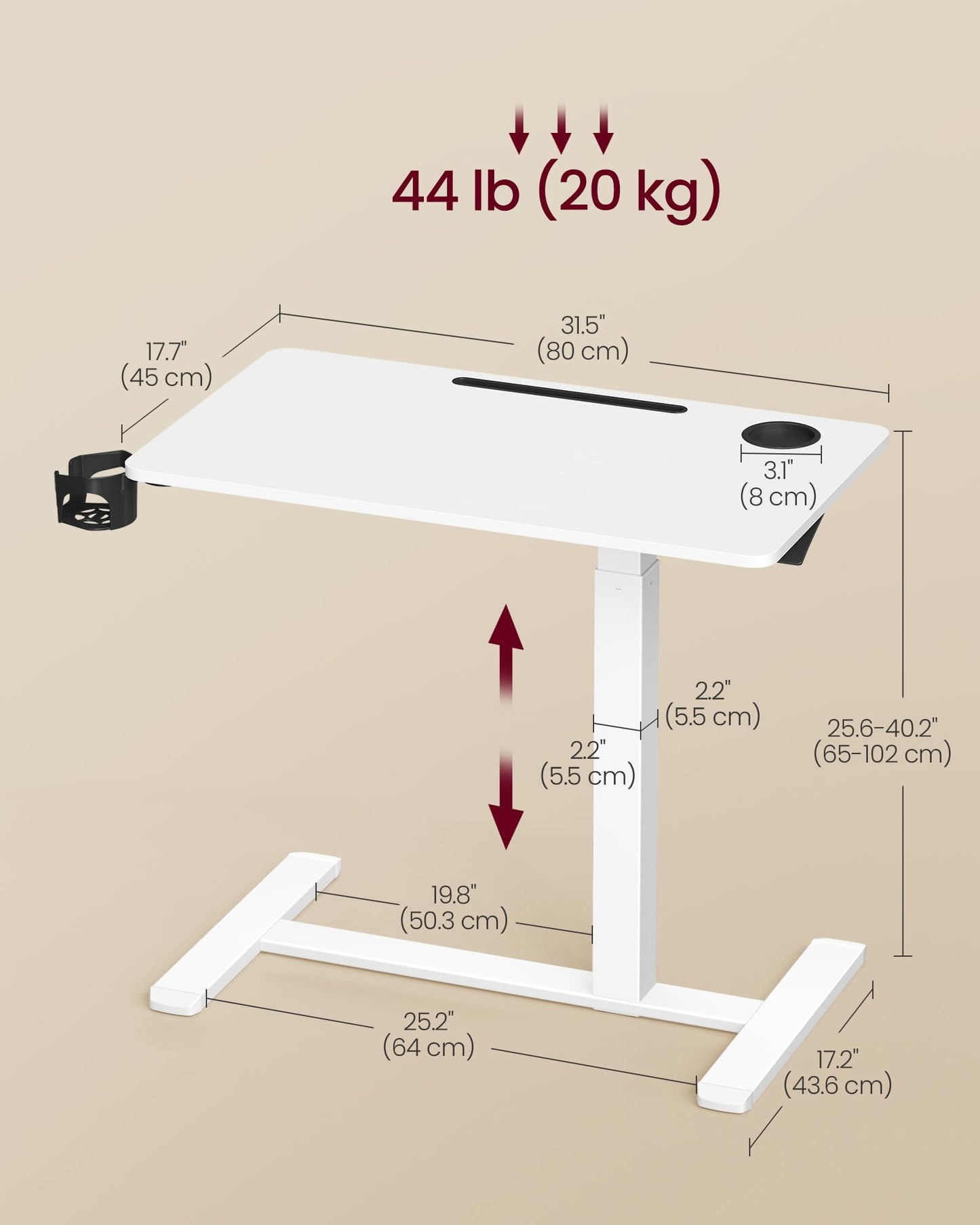 VASAGLE Overbed Table with Wheels, Mobile Standing Computer Desk, 31.5 x 17.7 Inches Tabletop, Adjustable Height, 2 Cup Holders, Phone and Tablet Slot, Cloud White ULSD601W01