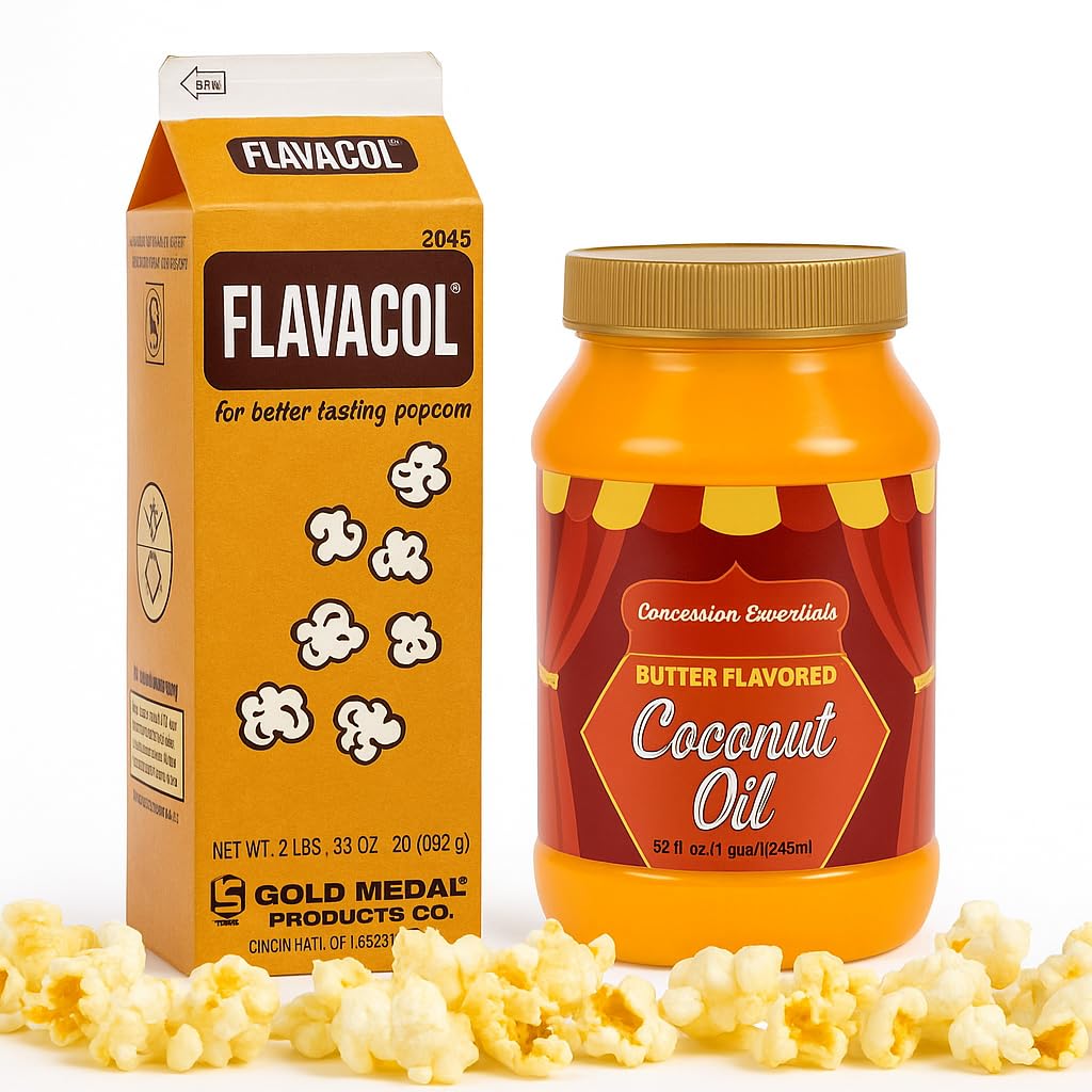 Perfectware- Flavacol Popcorn Seasoning Salt 35oz & Concession Essentials Coconut Oil 32oz Combo Kit – Buttery Movie Theater Style Popcorn Flavoring Set for Home or Concession Use