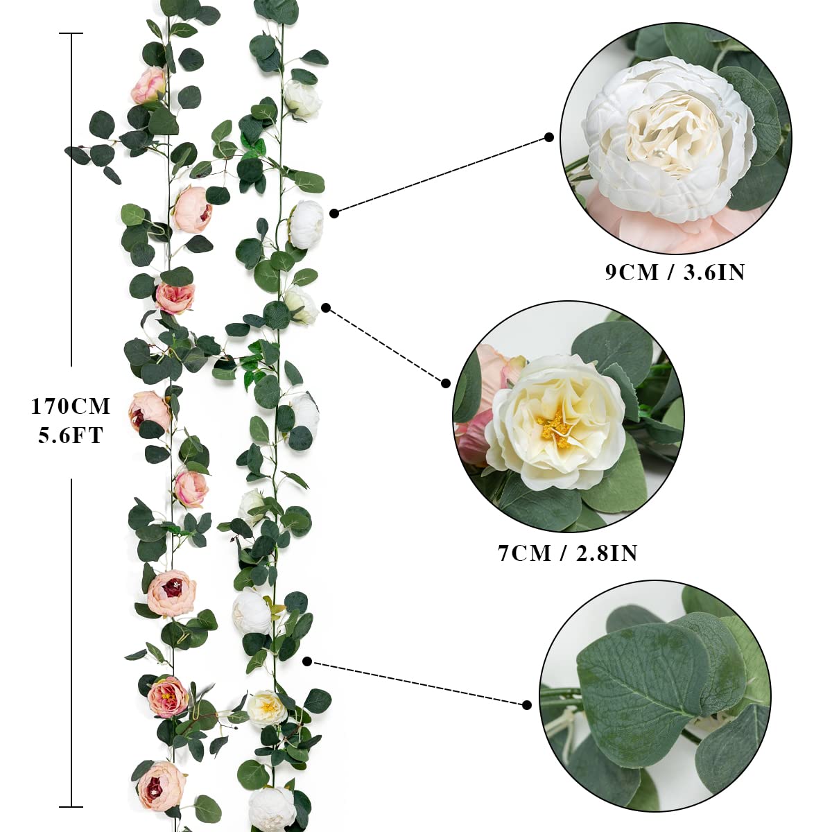 Floweroyal 2 Pack Artificial Flower Garlands 11.2FT Eucalyptus Garlands with Flowers 8 Head Peony Flower Vine Faux Floral Garland for Wedding Arch Table Wall Backdrop Wreath Decoration. (Pink & White)