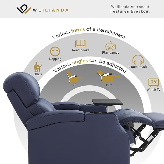 Weilianda Home Theater Seating, Top Grain Leather Sectional Seats Recliner Chair, Zero Gravity Reclining Sofa with Power Headrest 7 Colors Ambient Lighting USB C Charge Row of 1 Blue