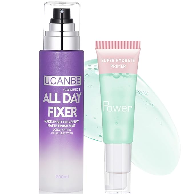 UCANBE Matte Setting Spray & Primer Gel Duo – Long-Lasting Makeup Set for Oily Skin, Shine Control, Pore Blurring, Oil-Free Hydrating Face Primer & Makeup Finishing Mist for All-Day Wear, 7.5 Fl oz