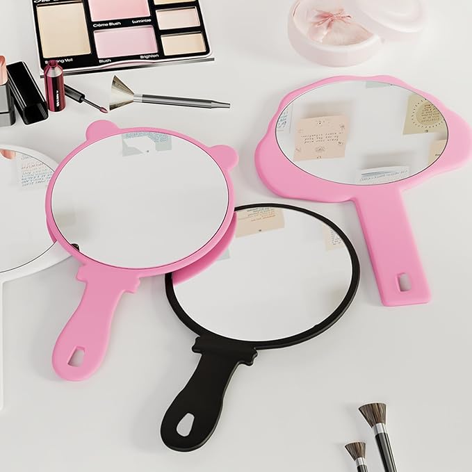 2 Pcs Compact Hand Mirror – High Definition Glass, Big Men or Women Barber Hand Mirrors with Handle, Mini Mirror for Personal Purse Pocket Travel and Gift(Black, 5.91" L x 9.84" W (Cat Ears))
