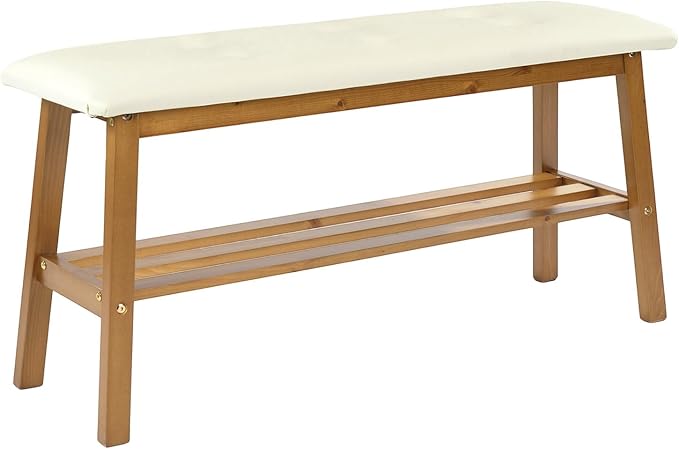 VINGLI Padded Solid Wood Dining Bench 39" Wooden Bench for Entryway, Bedroom, Kitchen & Living Room, with Shoe Rack Storage, Light Brown