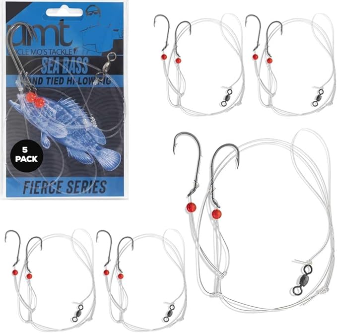 Sea Bass Hi/Lo Saltwater Fishing Rigs 1, 5 &10 Pack Bulk Options - Uncle Mo’s Tackle – Mustad Size 3/0 Bait Hook, 60lb Hea...
