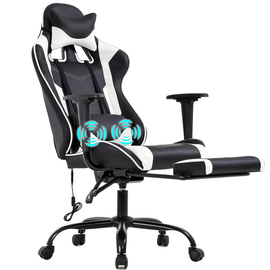 BestOffice PC Gaming Chair Racing Office Chair Ergonomic Desk Chair Massage PU Leather Recliner Computer Chair with Lumbar Support Headrest Armrest Footrest Rolling Swivel Task Chair for Adults, White