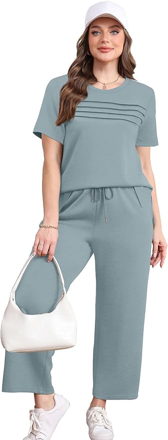 WIHOLL Two Piece Sets for Women Summer Travel Vacation Outfits Short Sleeve Lounge Sets Side Slit Wide Leg Pants S-3XL