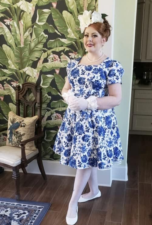 OBBUE Women's Square Neck Dress Vintage 1950s Cocktail Party Dress with Puff Sleeves