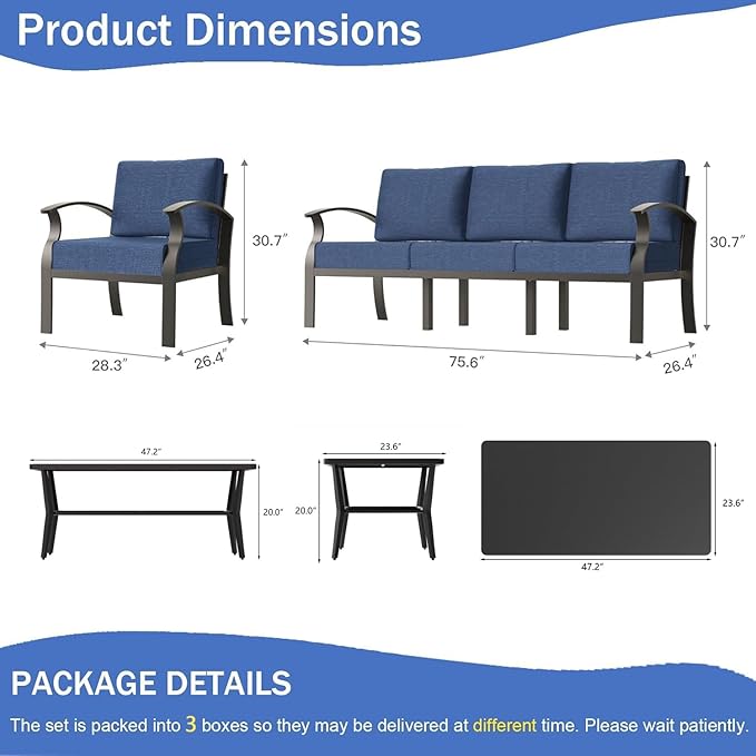 RTDTD Aluminum Outdoor Patio Furniture Set,5 Seats Patio Conversation Sets with Rectangular Coffee Table,Metal Patio Sectional Furniture Set with 5.1" Thickened Cushions,Navy Blue