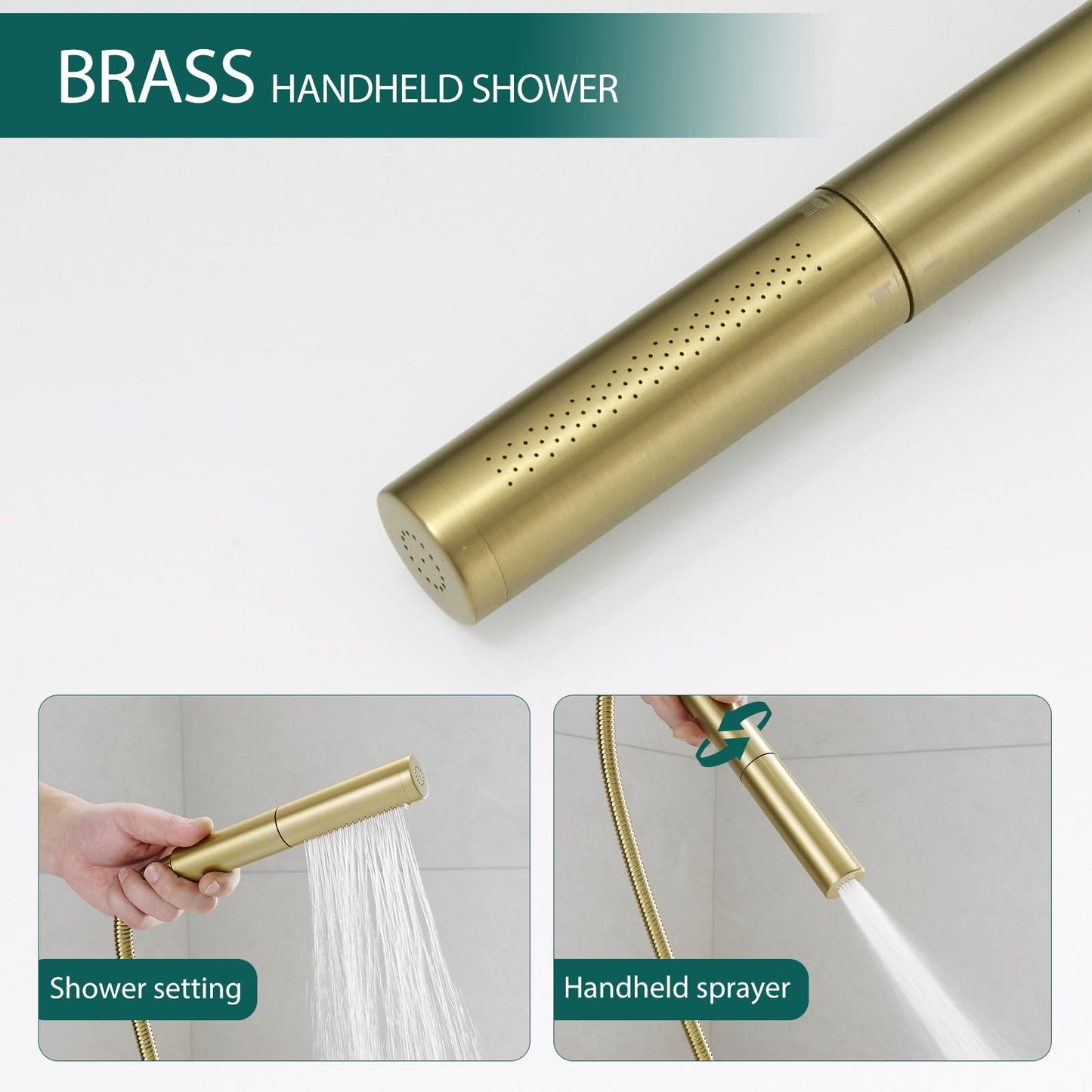 Hoimpro Tub Filler Freestanding Bathtub Faucet Brushed Gold Floor Mount Tub Faucet Waterfall Bathtub Filler with CUPC Certified High Flow Brass Bath Shower Faucets with Handheld Sprayer