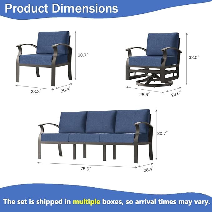 RTDTD Aluminum Outdoor Patio Furniture Set,5 Pieces 7 Seats Patio Conversation Sets with 2 Swivel Rocking Chairs,Metal Patio Sectional Furniture Set with 5.1" Thickened Cushions,Navy Blue