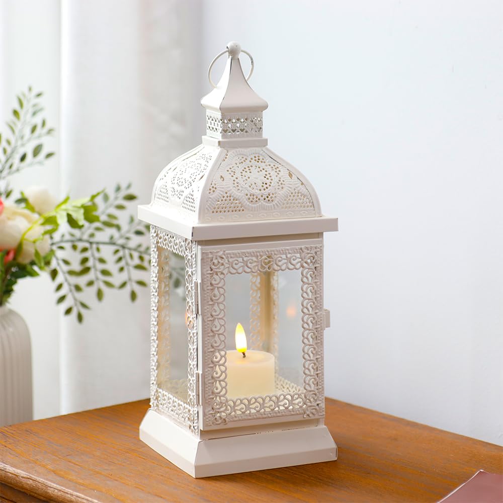 TRIROCKS Rustic Style Metal Candle Lantern 13'' High Decorative Outdoor Lantern Candle Holder with Tempered Glass for Thanksgiving Christmas Living Room Garden Patio Parties Indoors Outdoors (Cream)